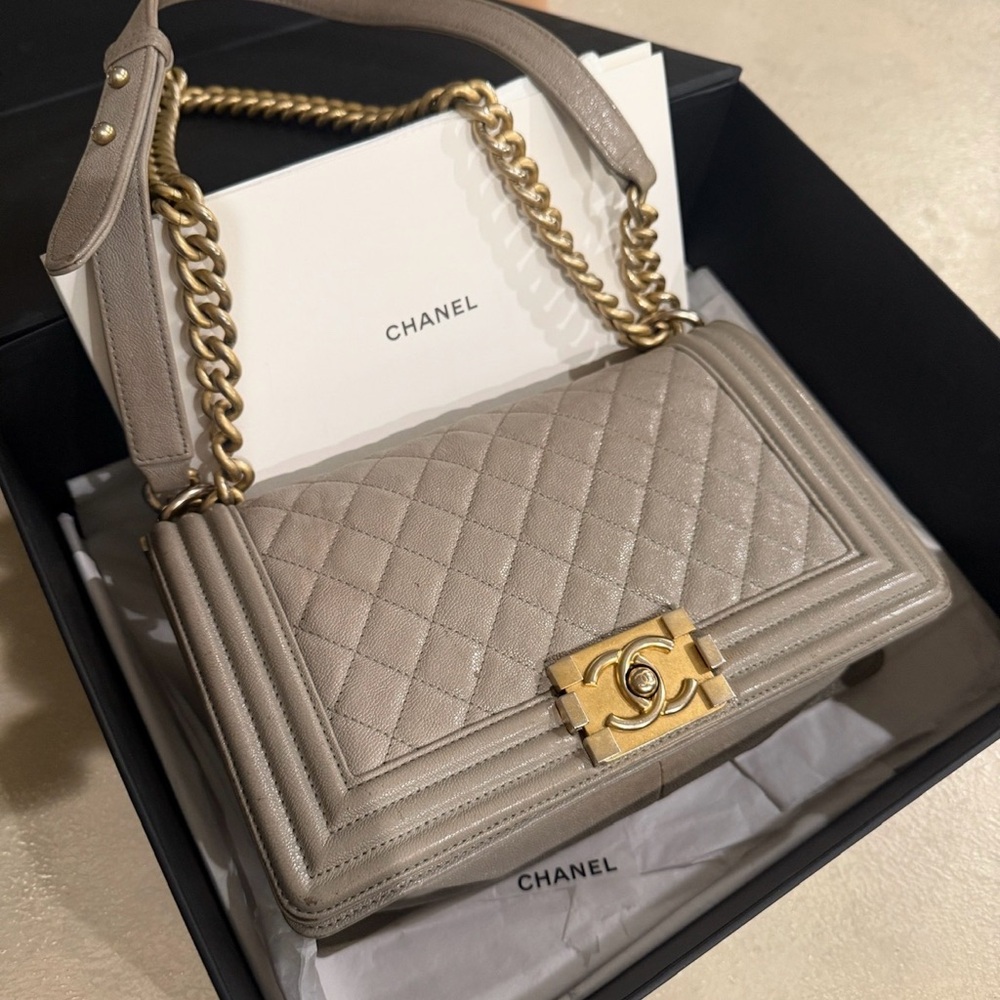 CHANEL Grey Quilted Shoulder Bag with Gold Chain Boy Bag